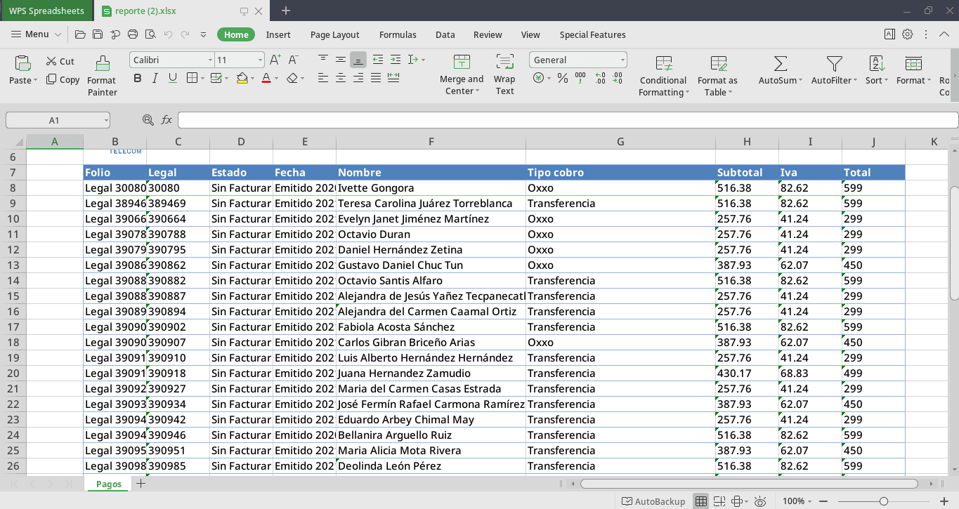 Exportación a Excel