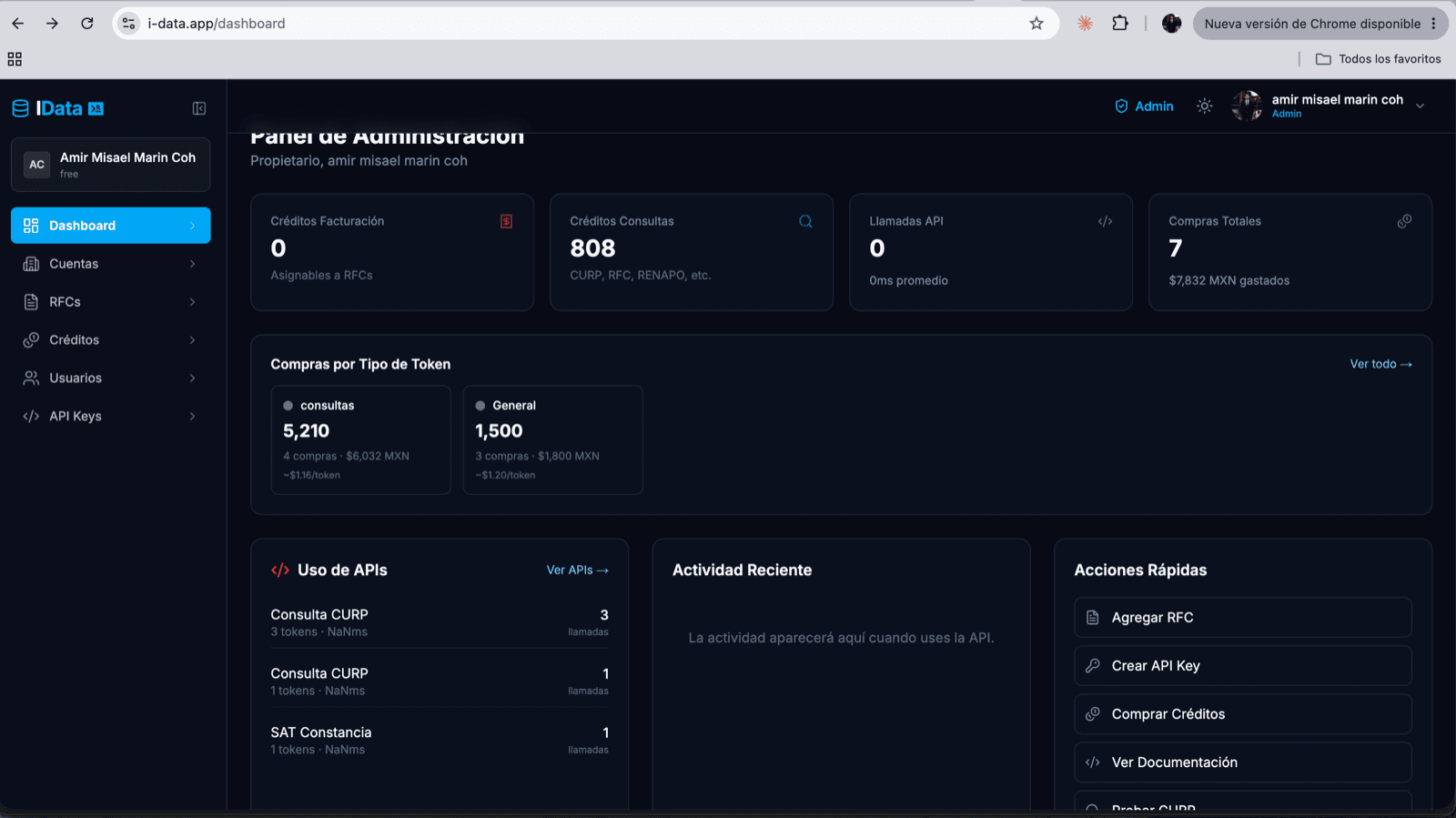 Panel de administración con créditos y uso de APIs