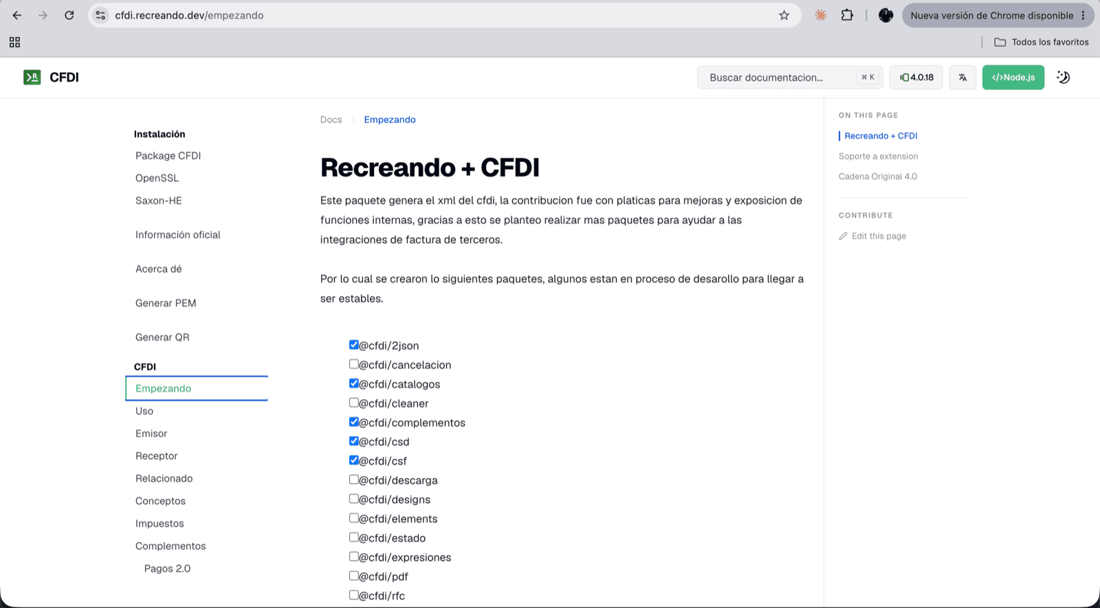 Estado de los paquetes del ecosistema CFDI