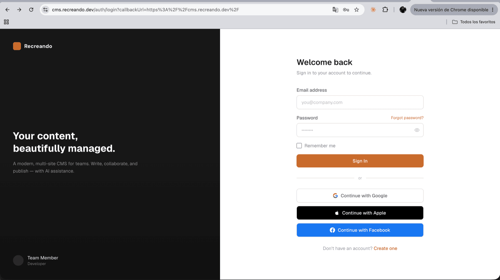 Acceso al CMS multi-sitio