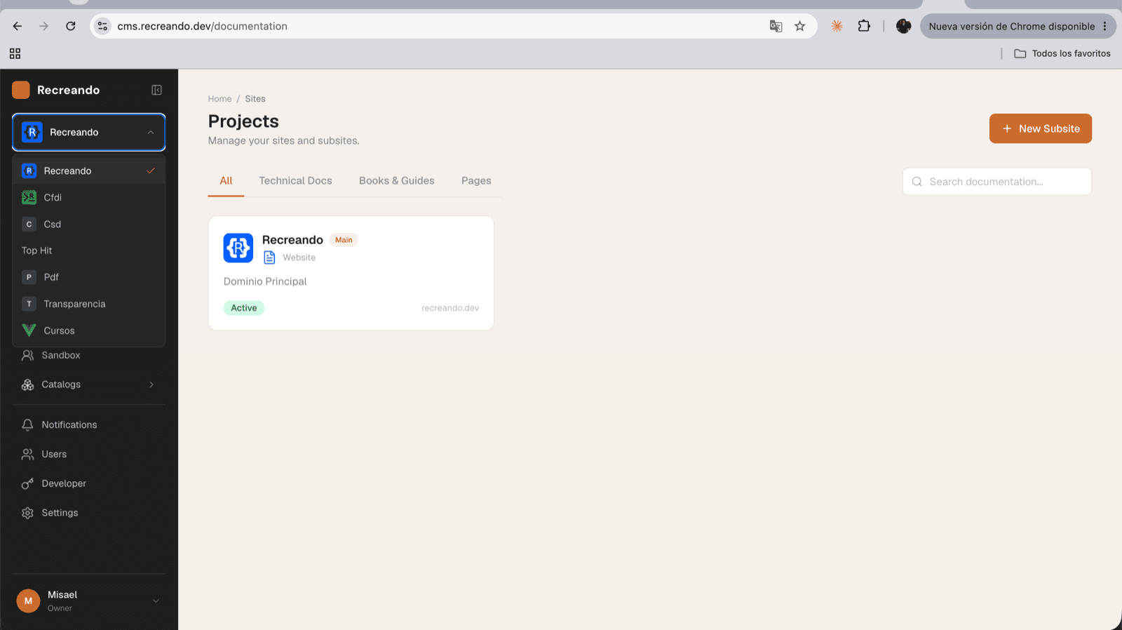 Sitios y subsitios publicados desde un mismo panel