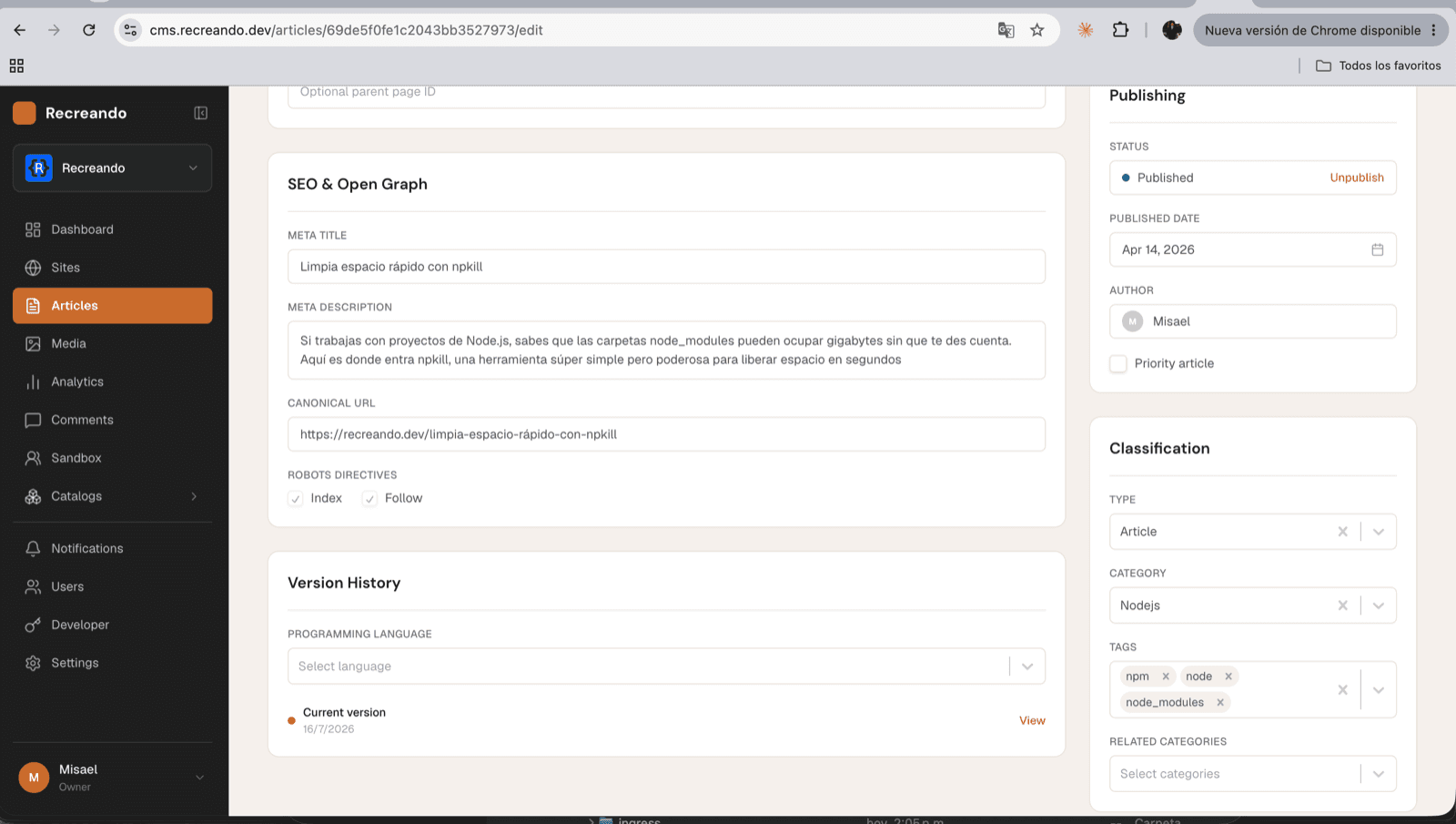 SEO, Open Graph e historial de versiones